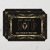 チャームに満ちた1920年代のゴールドアートデコ　私のベストマンになって 招待状 (正面/裏面)