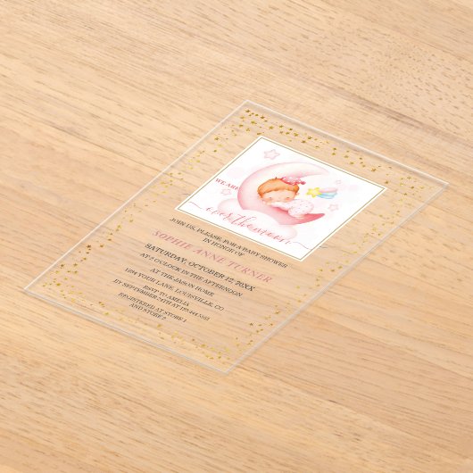 チャームの上の月女書道赤ちゃんシャワー アクリル招待状 (レイダウン)