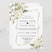 チャームの白い花の金ゴールドすべて結婚の 招待状 (正面/裏面)