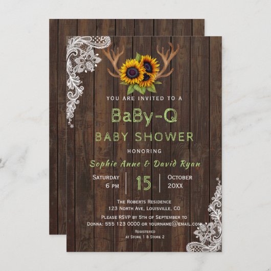 チャームひまわり〔雄ジカの〕枝角ベビー-Qベビーシャワー 招待状 (正面/裏面)