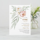 チャームほこりっぽいバラフラワーファースト誕生日&バプテスマ 招待状 (スタンド正面)