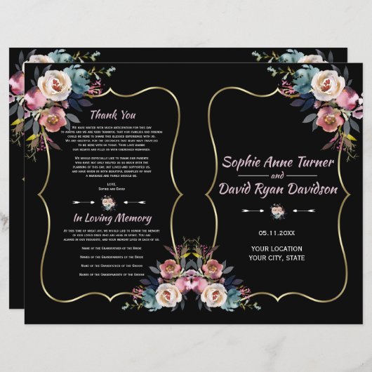 チャームほこりっぽいブルーピンクの花金ゴールド結婚式 プログラム (正面/裏面)