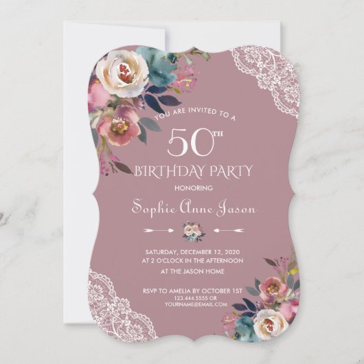 チャームほこりっぽい青ほこりっぽいバラ花50誕生日 招待状 (正面)