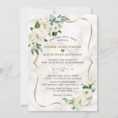 チャームアイボリーホワイトフラワーズバラ金ゴールド結婚大理石 招待状 (正面)