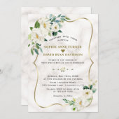 チャームアイボリーホワイトフラワーズバラ金ゴールド結婚大理石 招待状 (正面/裏面)