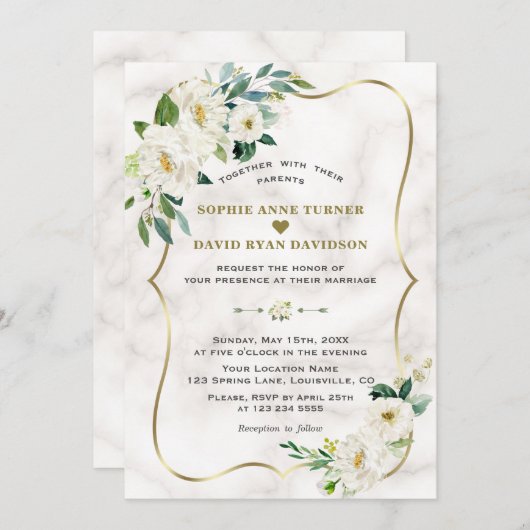 チャームアイボリーホワイトフラワーズバラ金ゴールド結婚大理石 招待状 (正面/裏面)