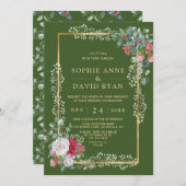 チャームウィンターホワイトレッドフローラグリーン金ゴールド 招待状 (正面/裏面)