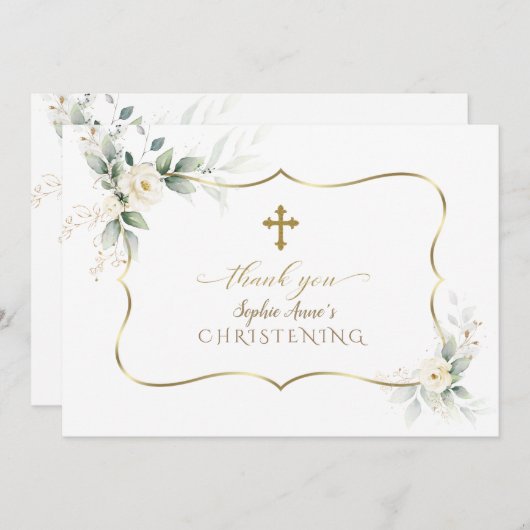 チャームエアリーグリーンリーホワイトフラワーズガール《キリスト教》洗礼式や命名式 サンキューカード (正面/裏面)