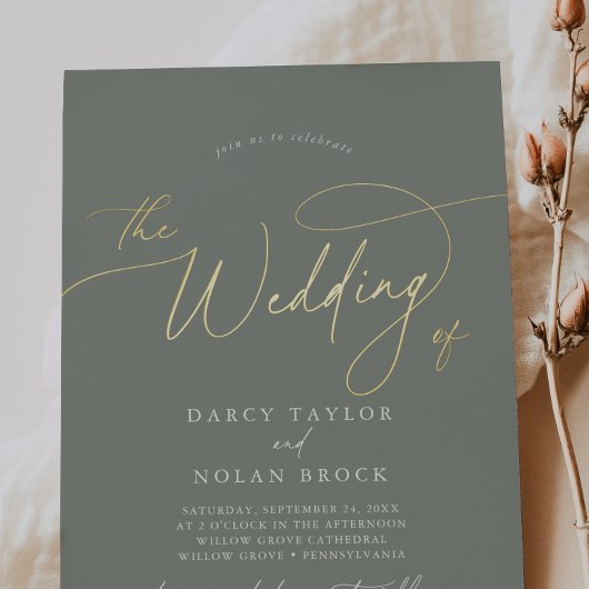 チャームエレガントダークセージ金箔の結婚式の招待 箔招待状