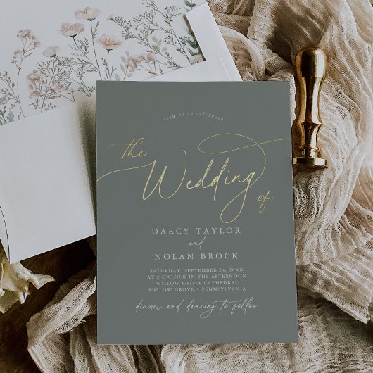 チャームエレガントダークセージ金箔の結婚式の招待 箔招待状