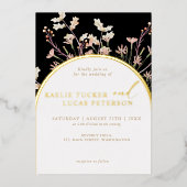 チャームエレガントワイルドフラワーアーチ |ブラック&金ゴールド 箔招待状 (正面)