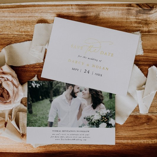 チャームエレガント白黒ゴールドフォイル日付保存 箔招待状