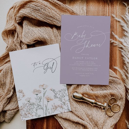 チャームエレガント紫ワイルドフラワーベビーブシャワー 招待状