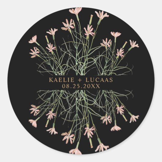 チャームエレガント野生の花 |ブラック&金ゴールド結婚ズ ラウンドシール (正面)