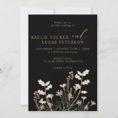 チャームエレガント野生の花 |ブラック&金ゴールド結婚ズ 招待状 (正面)