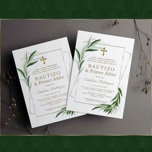 チャームオリーブ金ゴールドスペインのガール1stバースデーバプテスマ 招待状