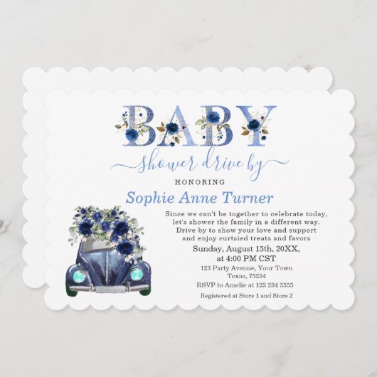 チャームカーブルーフローラボーイベビーシャワードライブバイ 招待状 (正面/裏面)