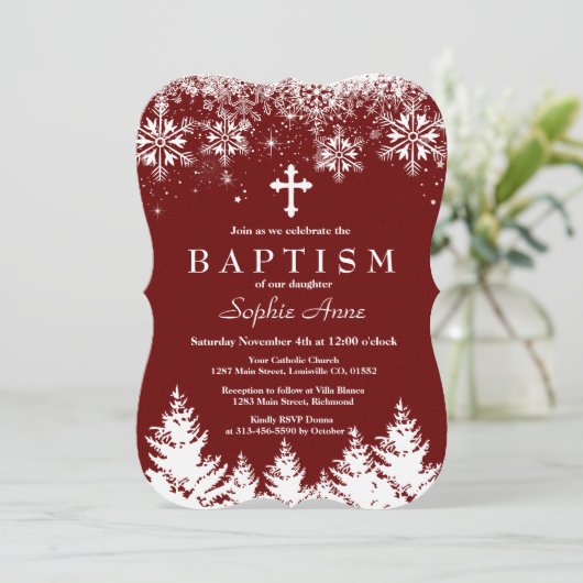 チャームガールウィンタースノーフレークスレッドグリッターバプテスマ 招待状 (スタンド正面)