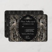 チャームシルバーアールデコピーコックウェディングRSVP 出欠カード (正面/裏面)