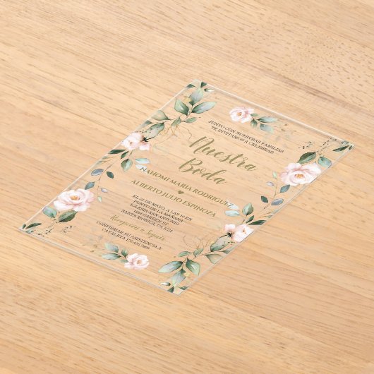 チャームスペインのピンクフローラ金ゴールドヌエストラボダ アクリル招待状 (レイダウン)