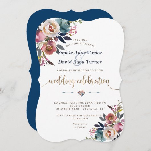 チャームダスティブルーピンクフローラ開花結婚ズ 招待状 (正面/裏面)