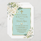 チャームデリケート白い花金ゴールドクロスバプテスマ 招待状 (正面/裏面)