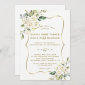 チャームデリケート白い花金ゴールドフレーム結婚ズ 招待状 (正面/裏面)