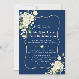 チャームデリケート白フローラ金ゴールドネイビーブルー結婚ズ 招待状