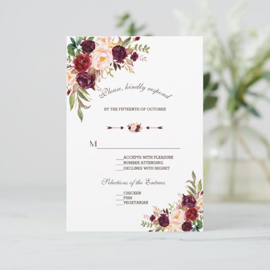 チャームネイビーブルーブルゴーニュフローラウェディングRSVP 出欠カード (スタンド正面)