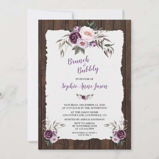 チャームパープルピンクフローラウッドバーンブライダルシャワー 招待状 (正面)