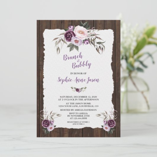 チャームパープルピンクフローラウッドバーンブライダルシャワー 招待状 (スタンド正面)