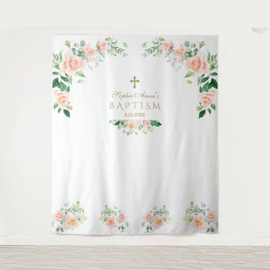 チャームピンクの花バプテスフォトブースプロップ タペストリー (正面)