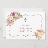 チャームピンクの花バラ金ゴールドクロスバプテスマ サンキューカード (正面)