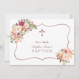 チャームピンクの花バラ金ゴールドクロスバプテスマ サンキューカード