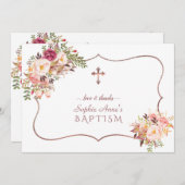 チャームピンクの花バラ金ゴールドクロスバプテスマ サンキューカード (正面/裏面)