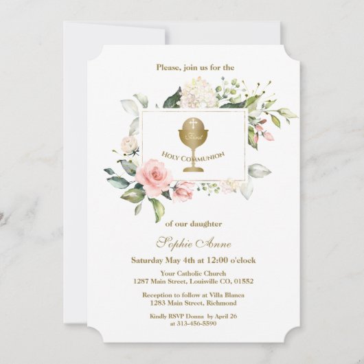 チャームピンクの花フレームガールファースト聖餐式 招待状 (正面)