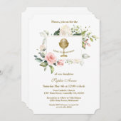 チャームピンクの花フレームガールファースト聖餐式 招待状 (正面/裏面)