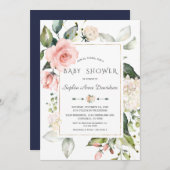 チャームピンクの赤面花フレーム赤ちゃんシャワー 招待状 (正面/裏面)