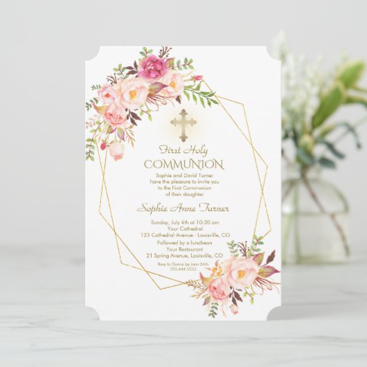 チャームピンクの赤面花金ゴールドフレーム神聖な聖餐式 招待状 (スタンド正面)