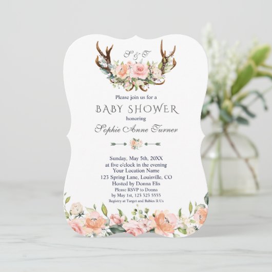 チャームピンククリームフローラ〔雄ジカの〕枝角ベビーシャワー 招待状 (スタンド正面)
