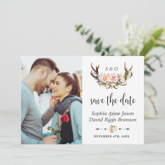 チャームピンククリームフローラ〔雄ジカの〕枝角写真結婚の セーブザデート (スタンド正面)