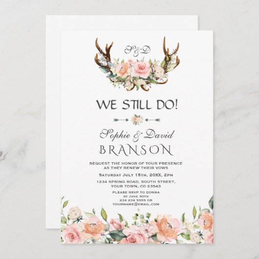 チャームピンククリームフローラ〔雄ジカの〕枝角私たちはまだ行う 招待状 (正面/裏面)