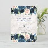 チャームピンクネイビーブルーフローラ開花マーブル結婚ズ 招待状 (スタンド正面)