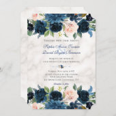 チャームピンクネイビーブルーフローラ開花マーブル結婚ズ 招待状 (正面/裏面)