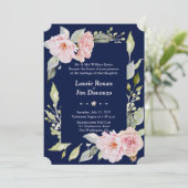チャームピンクフローラ開花ネイビー結婚ブルーフォーマル 招待状 (スタンド正面)