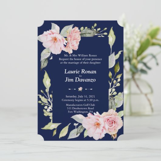 チャームピンクフローラ開花ネイビー結婚ブルーフォーマル 招待状 (スタンド正面)