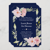 チャームピンクフローラ開花ネイビー結婚ブルーフォーマル 招待状 (正面/裏面)