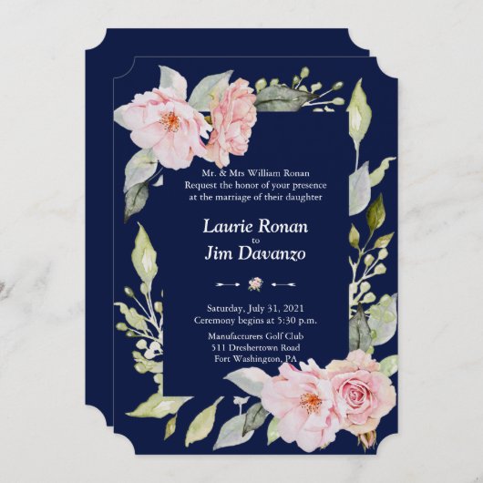 チャームピンクフローラ開花ネイビー結婚ブルーフォーマル 招待状 (正面/裏面)