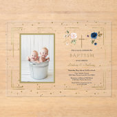 チャームピンクブルーフローラツインズ写真バプテスマ アクリル招待状 (正面)