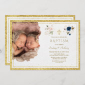 チャームピンクブルー金ゴールドフローラツインズ写真バプテスマ 招待状 (正面/裏面)